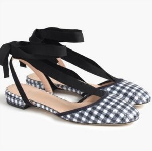 J. CREW Gingham Dark Navy, White, Black clear sequined ballet flats.